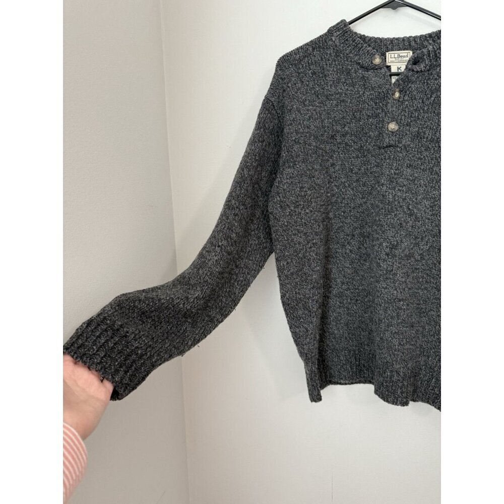 LL Bean 100% Lambs Wool Men's Classic Ragg Sweater Henley Pullover Gray Medium - Picture 2 of 9
